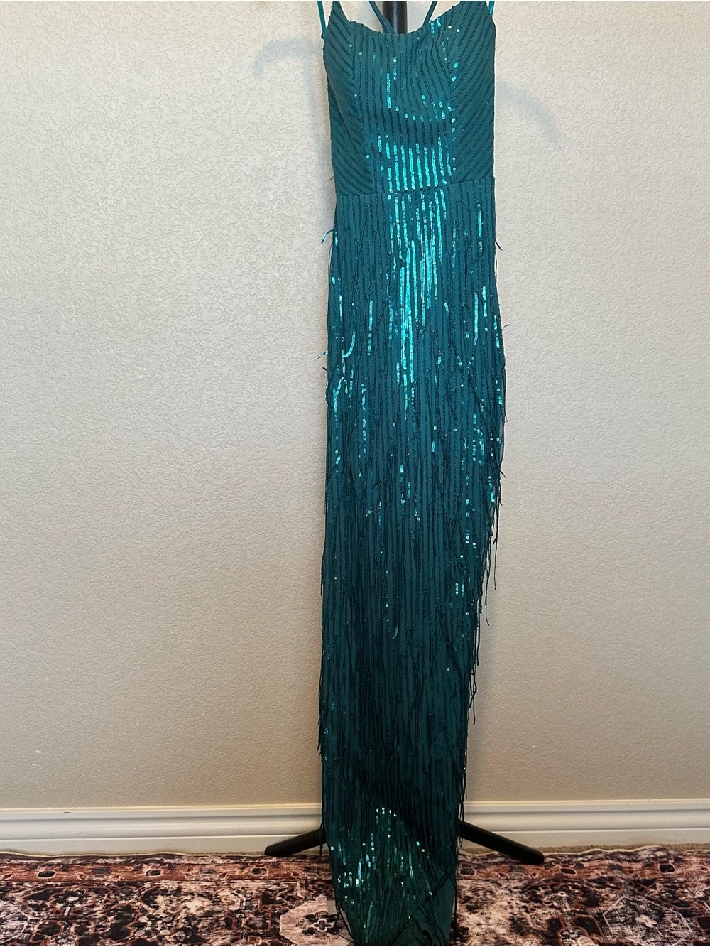 Teal Sequin Fringe Evening Dress